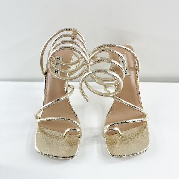 Steve Madden Shantelle Ankle Wrap Strappy Square Toe Sandals Gold Snake 8.5 - Picture 6 of 10